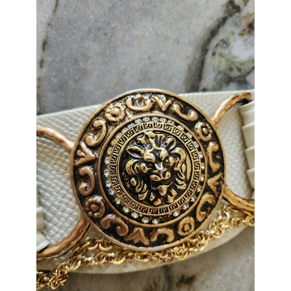 Vintage Lion Head Statement Belt Cream Gold Chain Medusa Greek Key Ornate